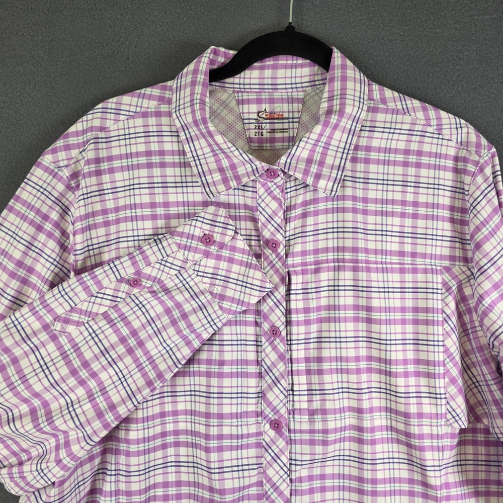 World Wide Sportsman Purple Plaid Long Sleeve Fishing Shirt 2XL Womens Vented
